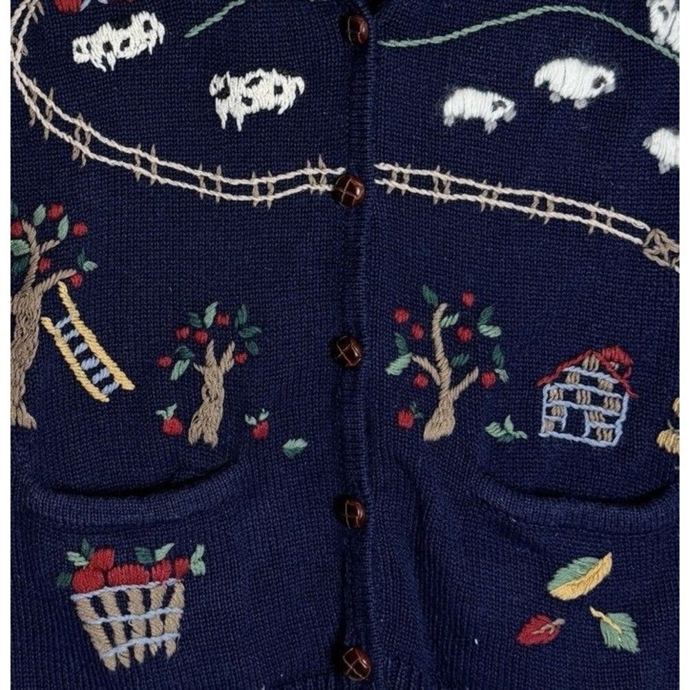 Vintage Capacity Sweater Knit Vest Womens Large Farm Sheep Apples Barn Gate Blue